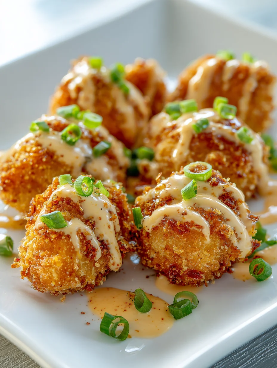 Crispy bang bang chicken bites drizzled with creamy sauce and topped with sliced green onions