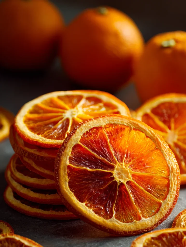 Stacked dried orange slices with vibrant citrus color and fresh oranges in the background