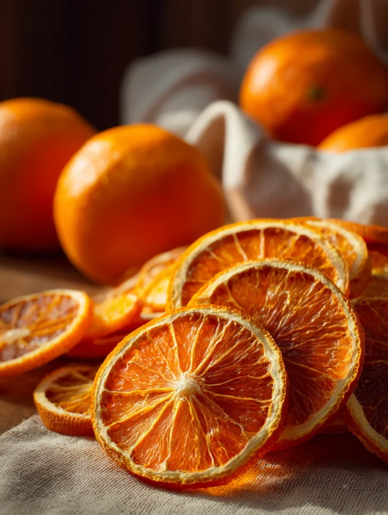 Dried orange slices with bright citrus color arranged on cloth with fresh oranges in background