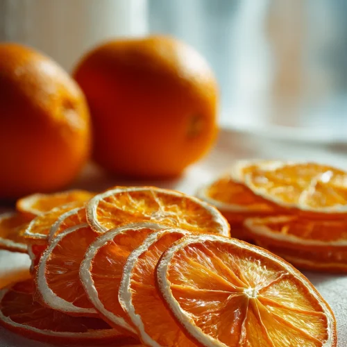 Thin dried orange slices arranged on a cloth with fresh oranges in the background