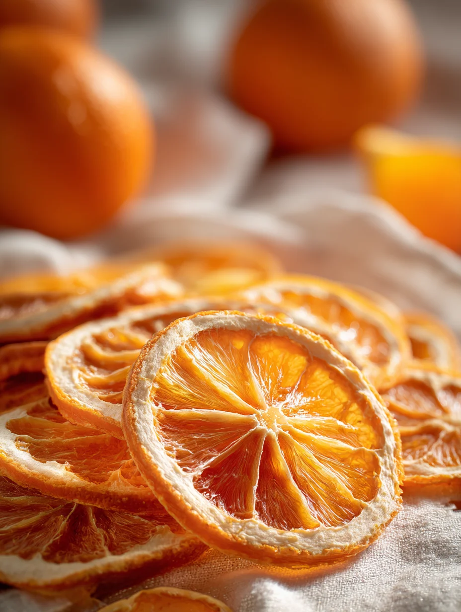 Dried orange slices arranged on a linen cloth with fresh oranges in the background