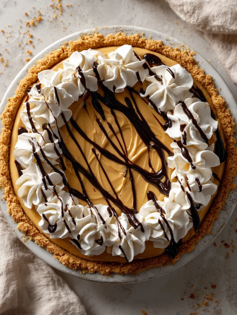Creamy peanut butter pie with whipped cream swirls and chocolate drizzle on graham cracker crust