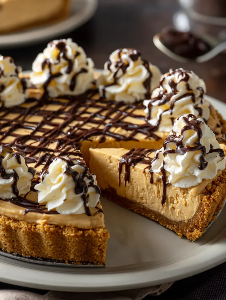 Slice of creamy peanut butter pie with whipped cream and chocolate drizzle on graham cracker crust