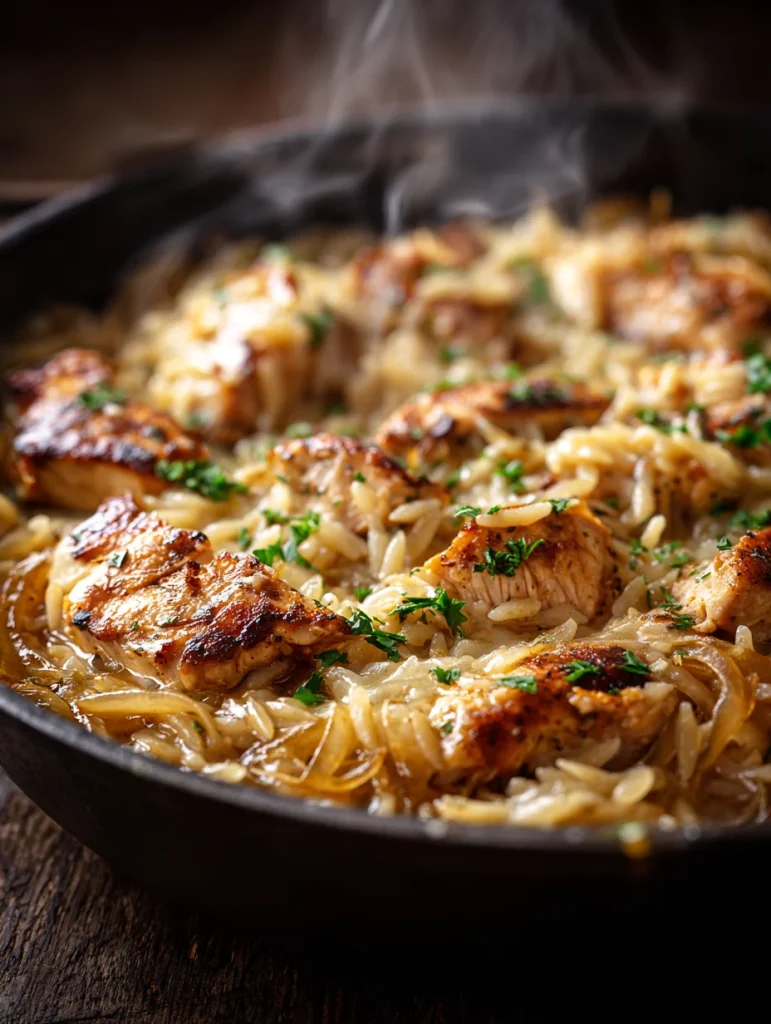 French onion chicken orzo with caramelized onions and golden seared chicken
