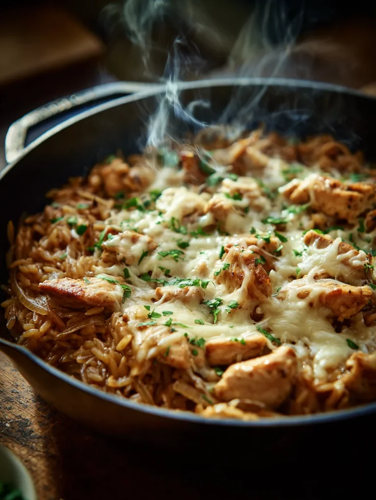 French onion chicken orzo skillet with melted cheese and herbs