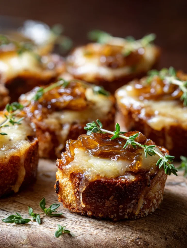 Crispy French onion soup bites topped with caramelized onions, melted cheese, and fresh thyme on a wooden surface