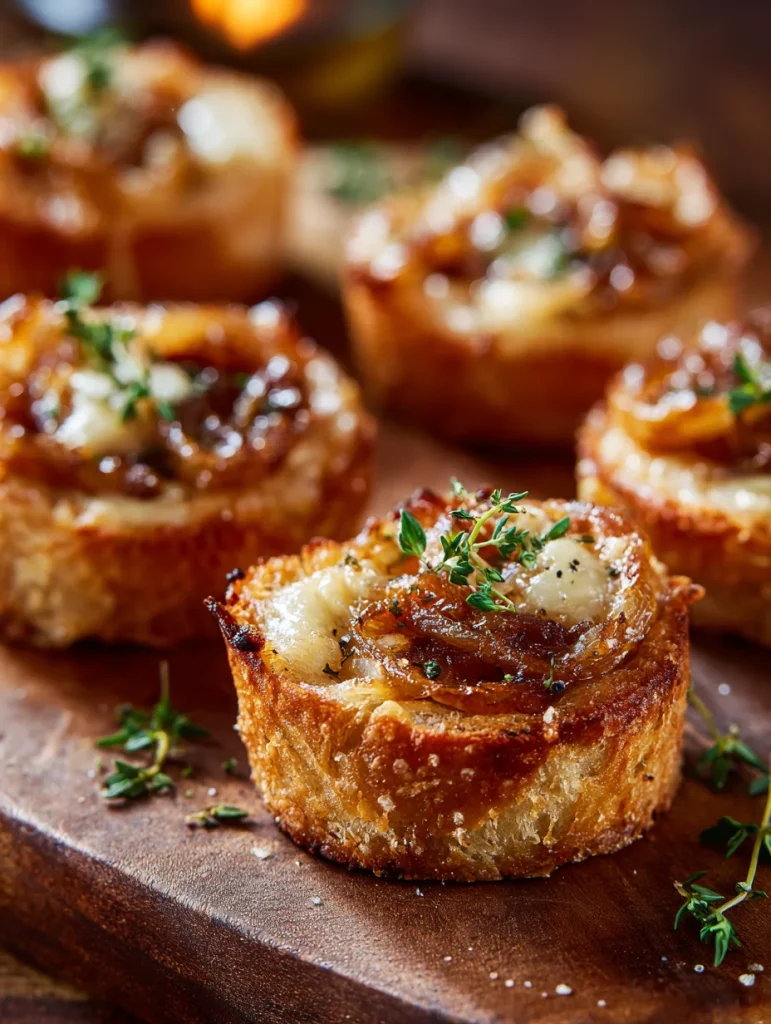 Golden French onion soup bites topped with melted cheese, caramelized onions, and fresh thyme on a wooden board