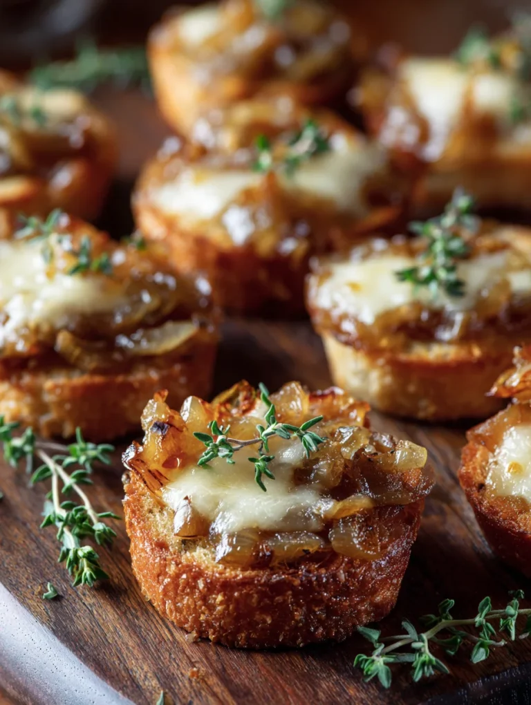 French onion soup bites topped with caramelized onions, melted cheese, and fresh thyme on a wooden board