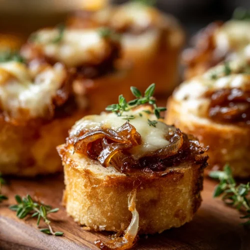 French onion soup bites with caramelized onions, melted cheese, and fresh thyme on toasted baguette rounds