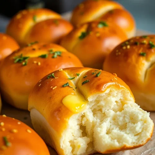 Soft garlic butter bread roll torn open with fluffy interior