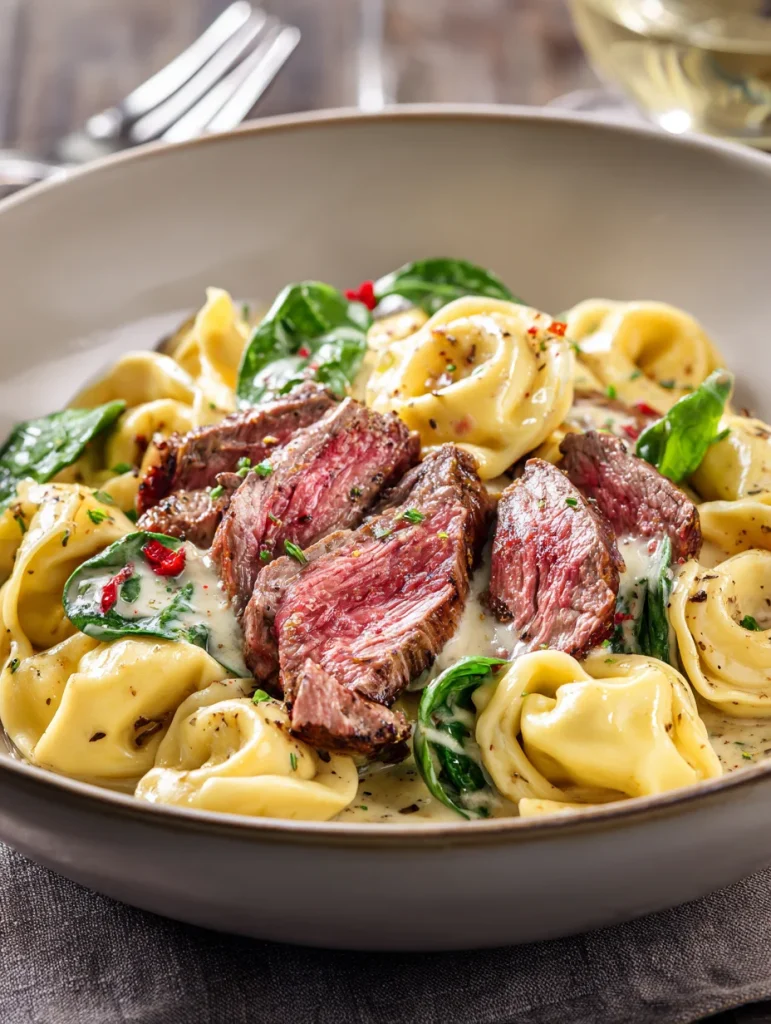 Garlic steak tortellini with creamy sauce, spinach, and sliced medium-rare steak