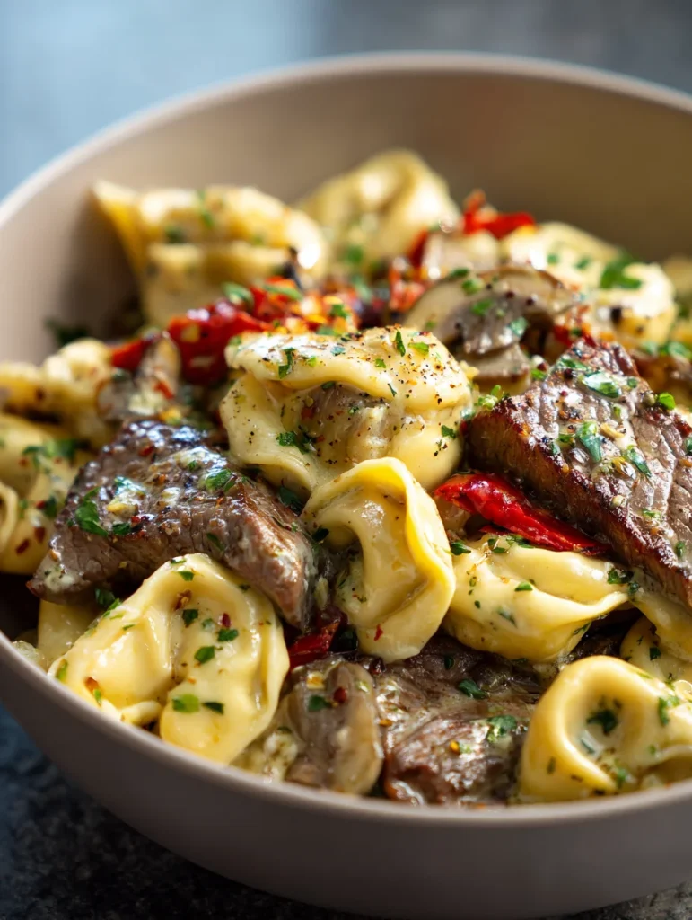 Garlic steak tortellini with seared beef, mushrooms, and red pepper flakes