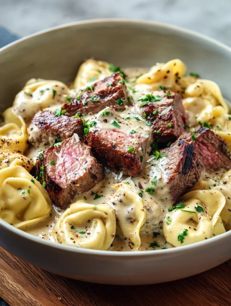 Garlic steak tortellini in creamy parmesan sauce with seared steak bites