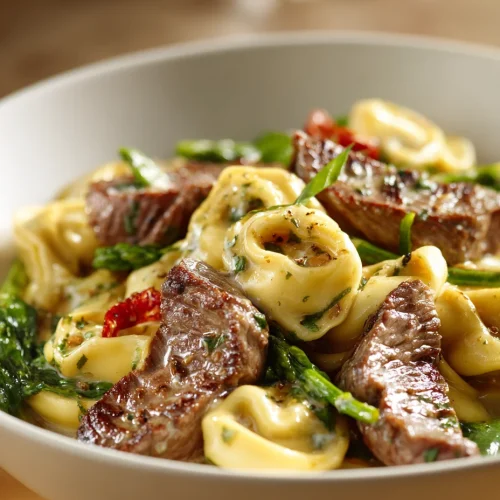 Garlic steak tortellini with tender beef, herbs, and creamy sauce