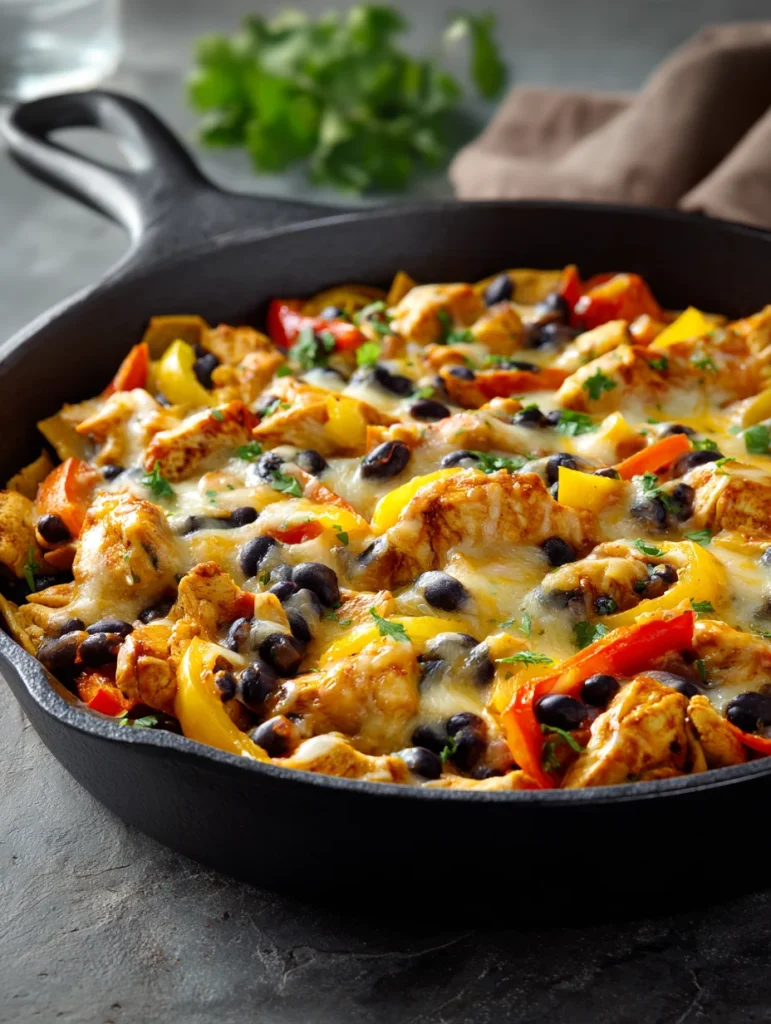 Healthy enchilada skillet with chicken, black beans, colorful bell peppers, and melted cheese