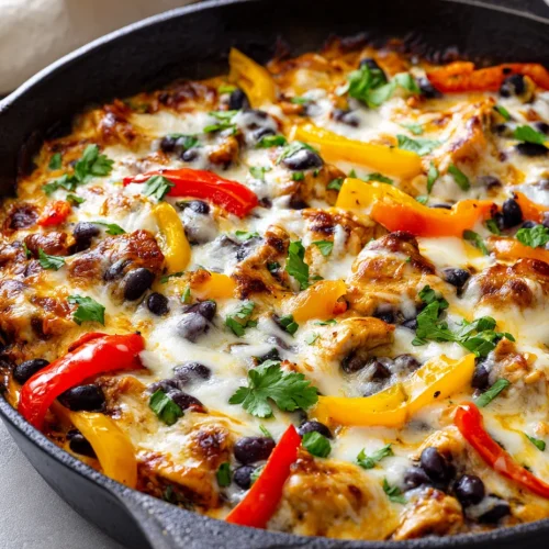 Healthy enchilada skillet with chicken, black beans, bell peppers, and melted cheese in a cast iron pan