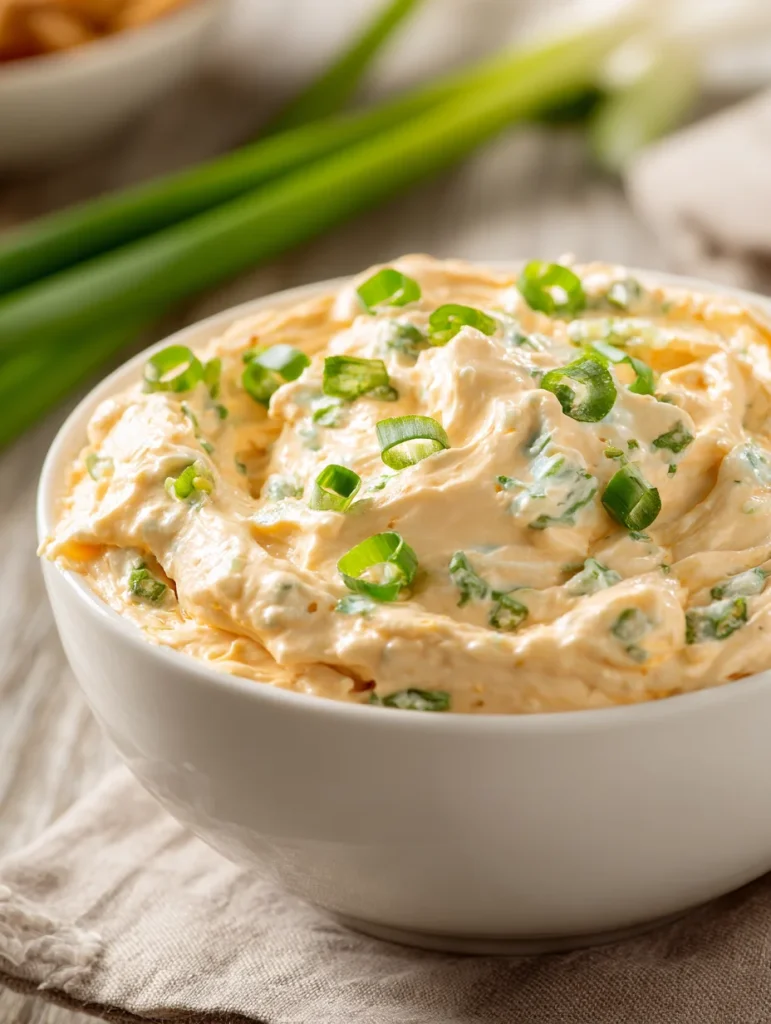 Creamy Hissy Fit Dip with green onions in a white serving bowl