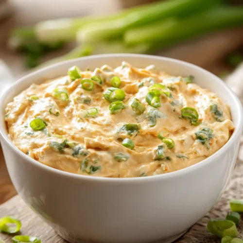 Creamy Hissy Fit Dip in a white bowl topped with chopped green onions
