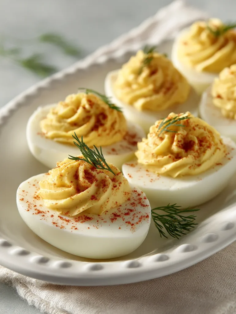Classic deviled eggs topped with creamy yolk filling, paprika, and fresh dill on a white platter
