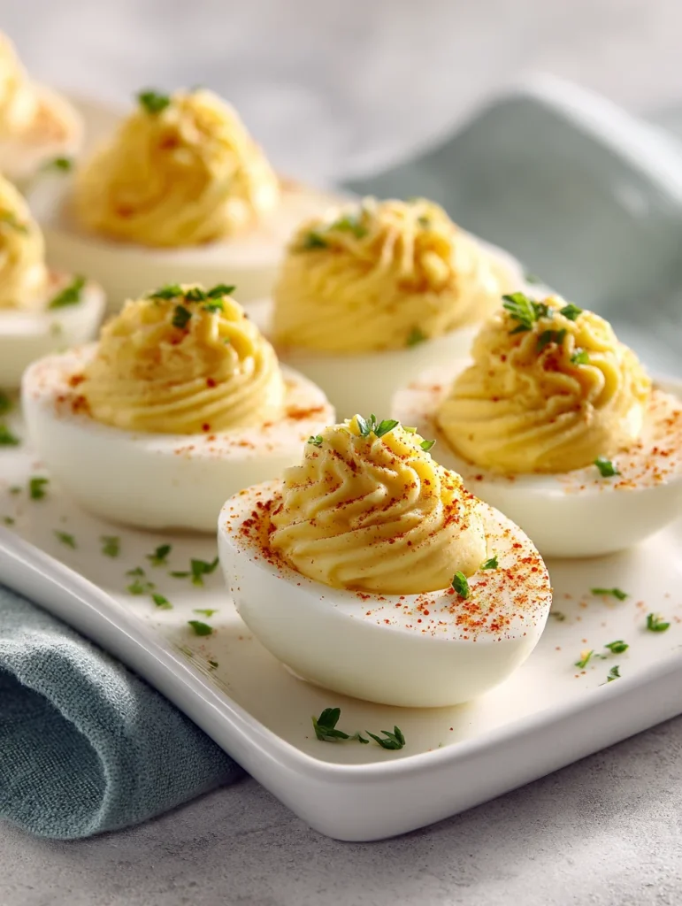 Classic deviled eggs with creamy piped yolk filling, paprika, and chopped herbs on a white serving tray