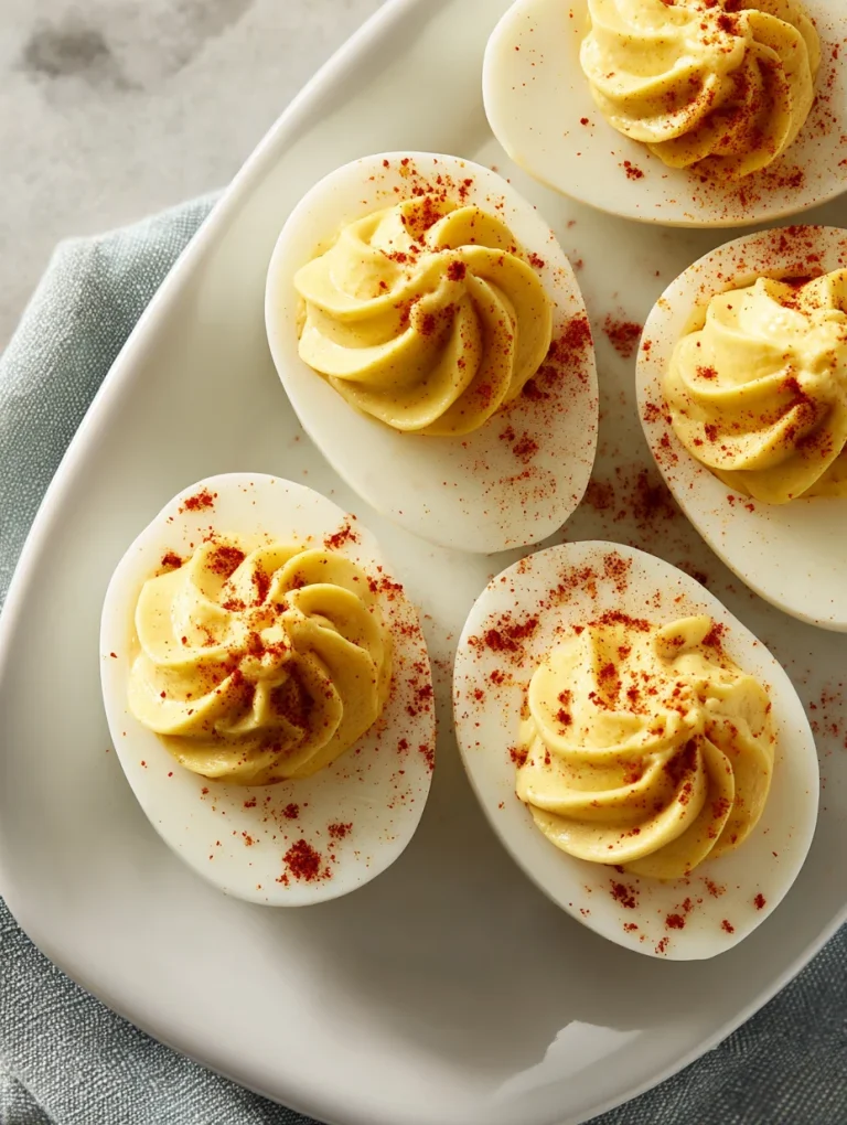 Simple deviled egg recipe with creamy yolk filling and paprika garnish on a white serving plate