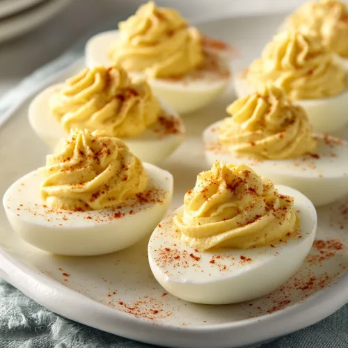 Simple deviled eggs with creamy piped yolk filling and paprika on a white plate