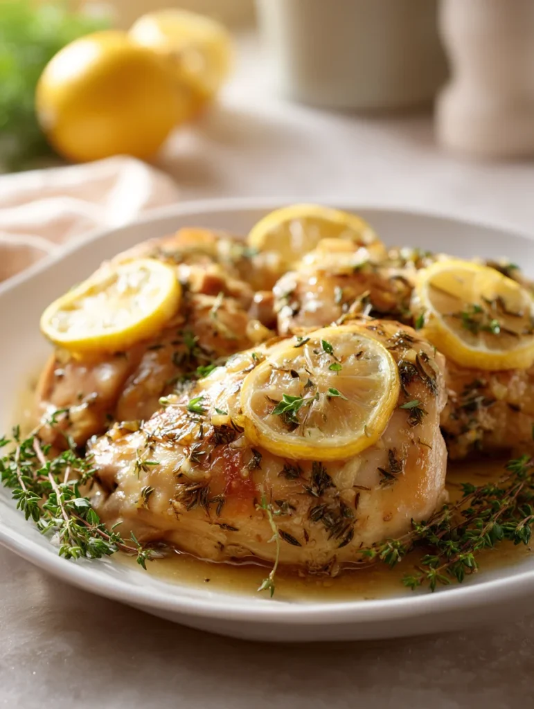 Slow cooker lemon herb chicken topped with fresh thyme and lemon slices on a white serving plate