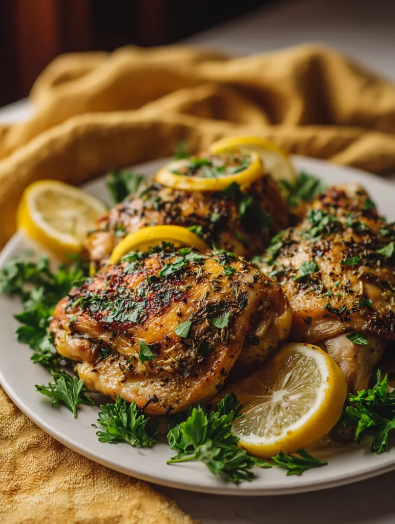 Slow cooker lemon herb chicken with fresh parsley and lemon slices served on a white plate