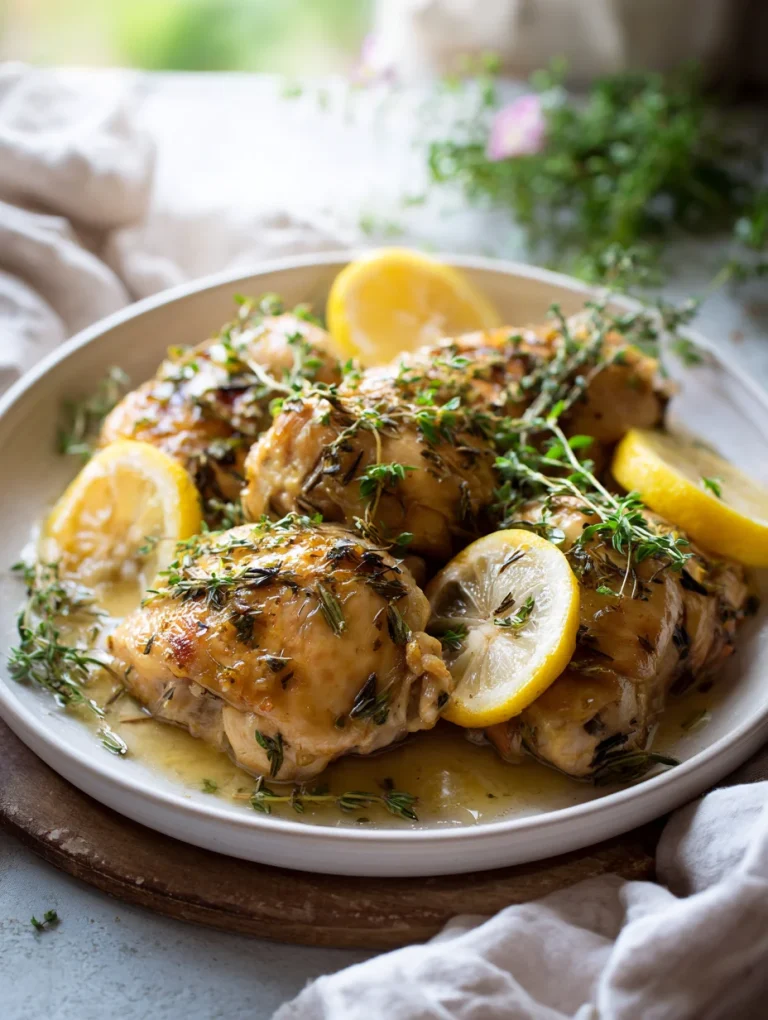 Slow cooker lemon herb chicken garnished with fresh thyme and lemon slices on a serving plate
