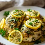 Slow cooker lemon herb chicken topped with lemon slices and fresh parsley served in a white dish