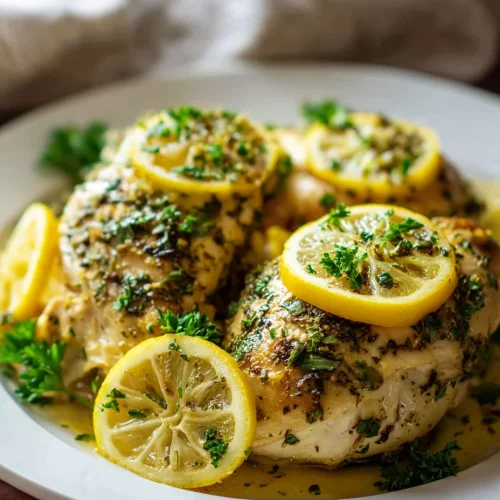 Slow cooker lemon herb chicken topped with lemon slices and fresh parsley served in a white dish