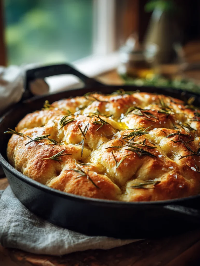 Skillet sourdough focaccia bread with golden crust, rosemary, and olive oil