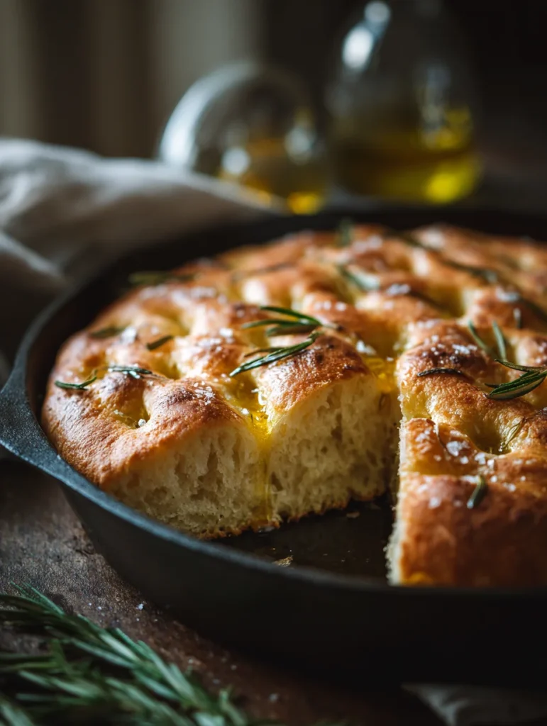 Sourdough focaccia bread sliced in cast iron skillet with olive oil and rosemary