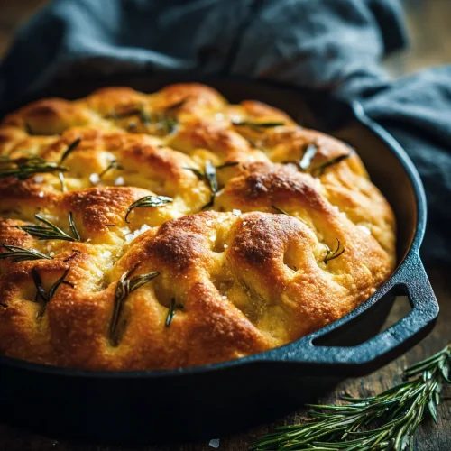 Golden sourdough focaccia bread baked in cast iron skillet with rosemary and olive oil
