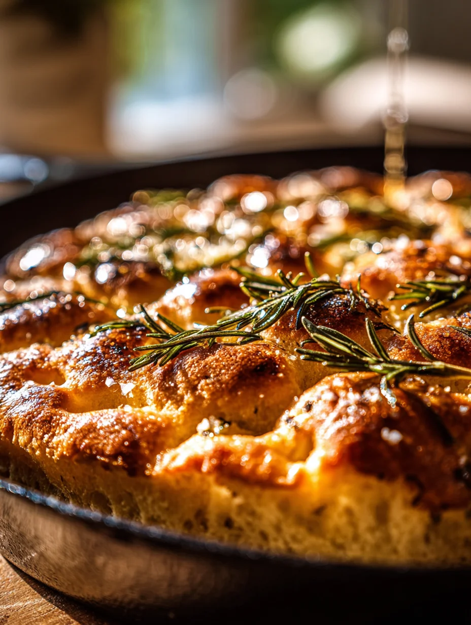Golden sourdough focaccia bread baked in a pan with rosemary and olive oil drizzle