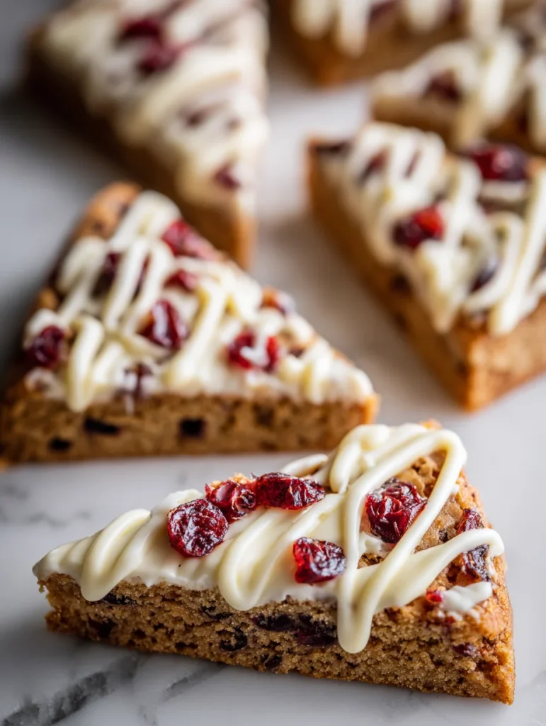 Starbucks cranberry bliss bar slice with white chocolate drizzle and dried cranberries