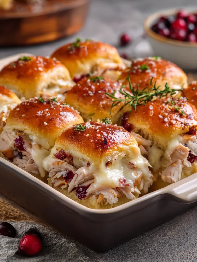 Baked turkey cranberry sliders with melted cheese on golden dinner rolls