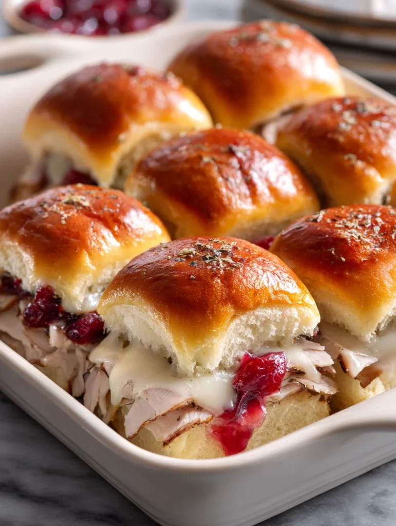 A baking dish filled with warm turkey cranberry sliders made with soft, buttery dinner rolls, tender shredded turkey, gooey melted cheese, and bits of tart cranberry sauce. The sliders are brushed with a savory butter topping and garnished with fresh herbs, making them a perfect comfort-food recipe for holidays, parties, or leftover turkey meals.