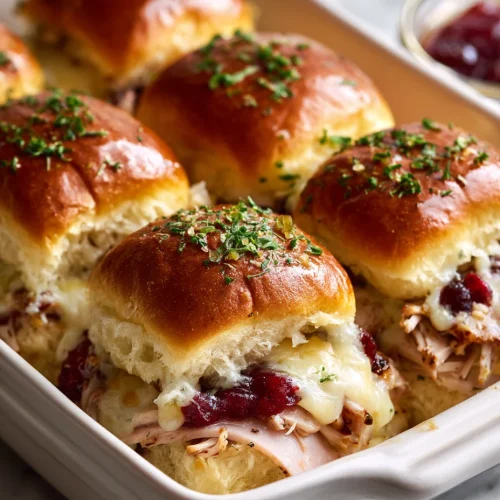 Turkey cranberry sliders with melted cheese on buttery dinner rolls