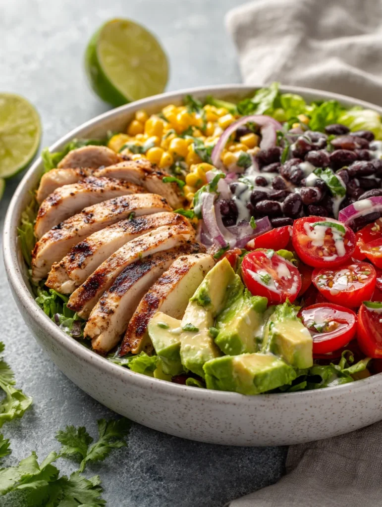 High protein Southwest chicken salad with grilled chicken, avocado, black beans, and corn