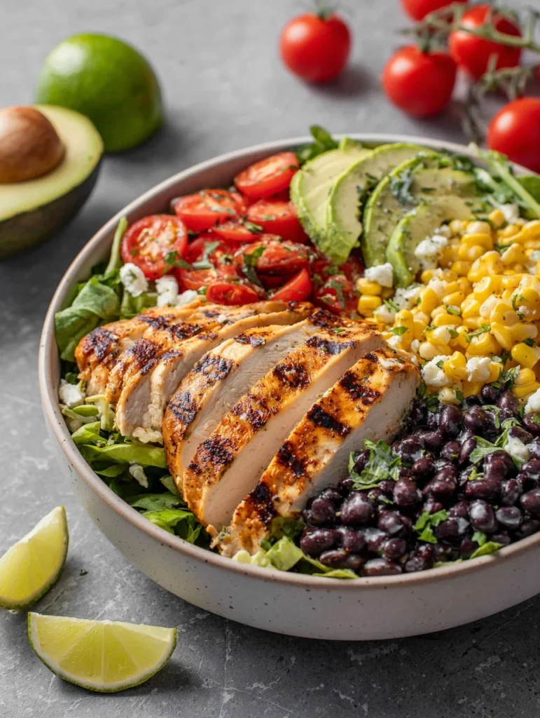 High protein Southwest chicken salad with grilled chicken, avocado slices, corn, and black salad beans