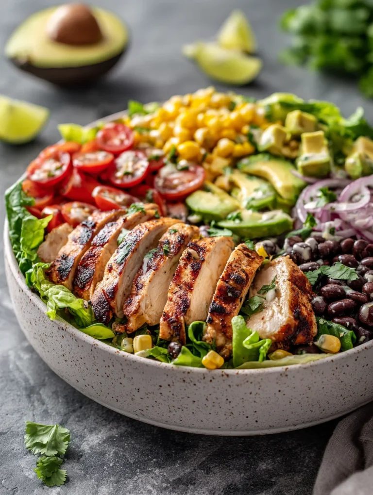 High protein Southwest chicken salad with grilled chicken, black beans, corn, avocado, and tomatoes