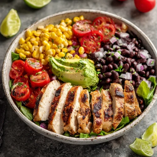 High protein Southwest chicken salad bowl with grilled chicken, black beans, corn, avocado, and tomatoes