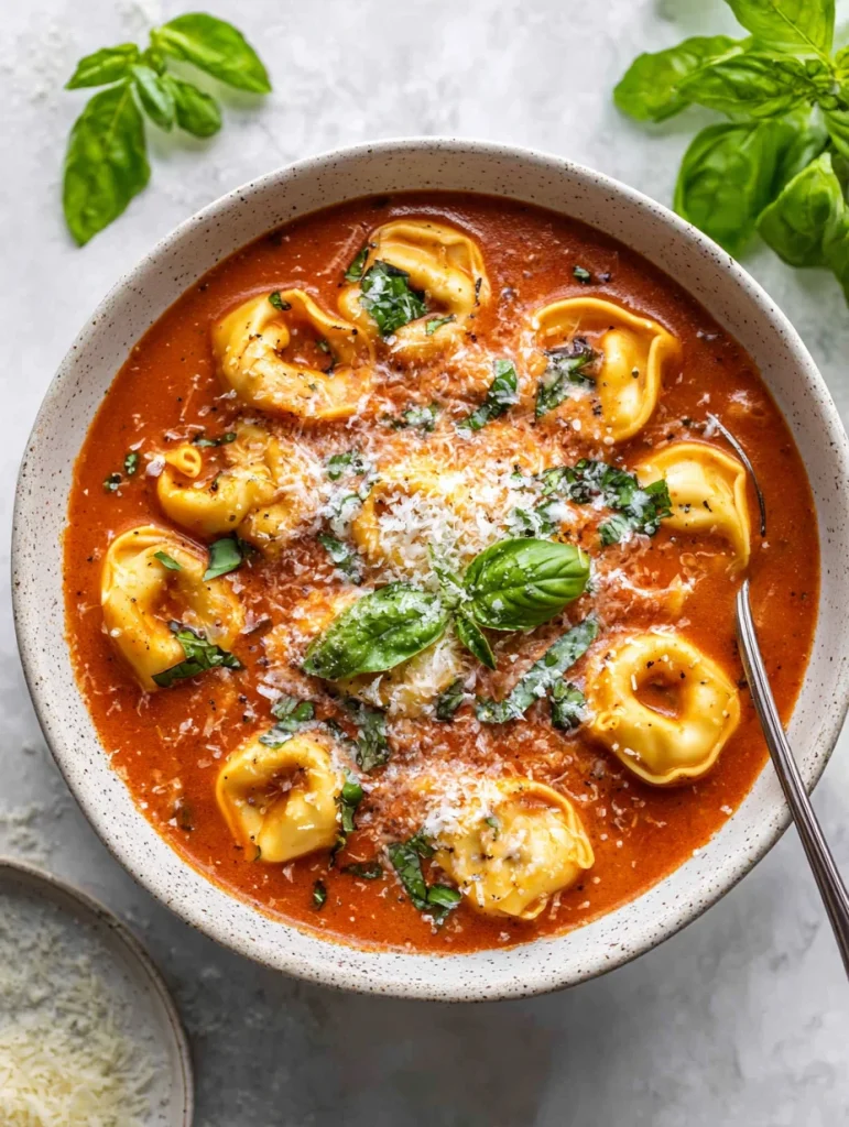 Parmesan tomato tortellini soup with basil and grated cheese