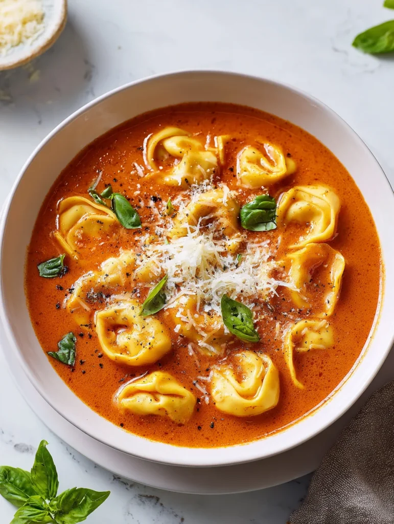 Creamy parmesan tomato tortellini soup with basil and black pepper