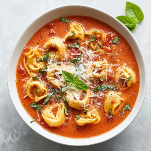 Parmesan tomato tortellini soup with basil and cheese-filled pasta