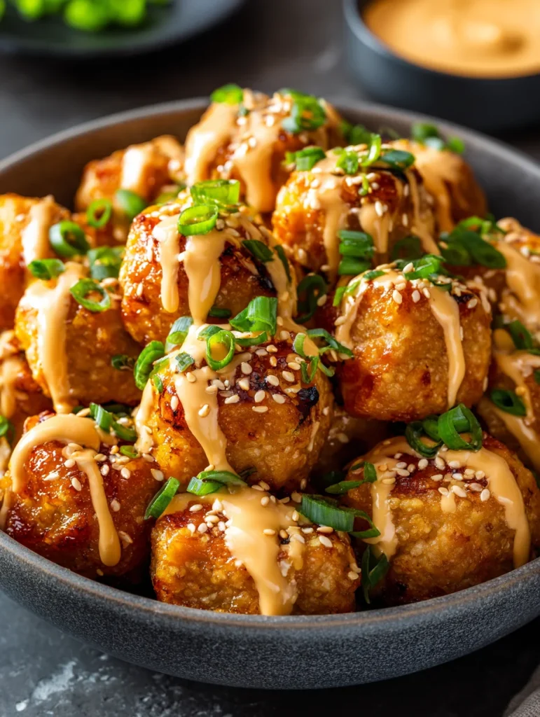 Crispy bang bang salmon bites drizzled with creamy sauce, sesame seeds, and green onions