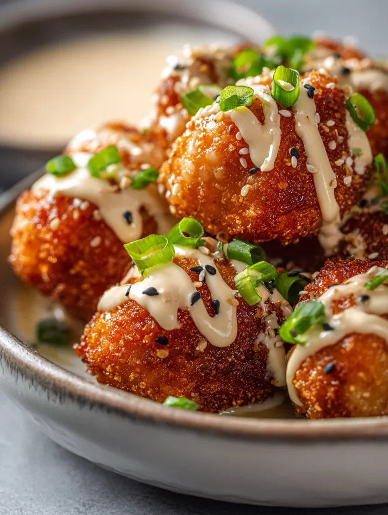 Close-up of crispy bang bang salmon bites topped with creamy sauce, sesame seeds, and green onions