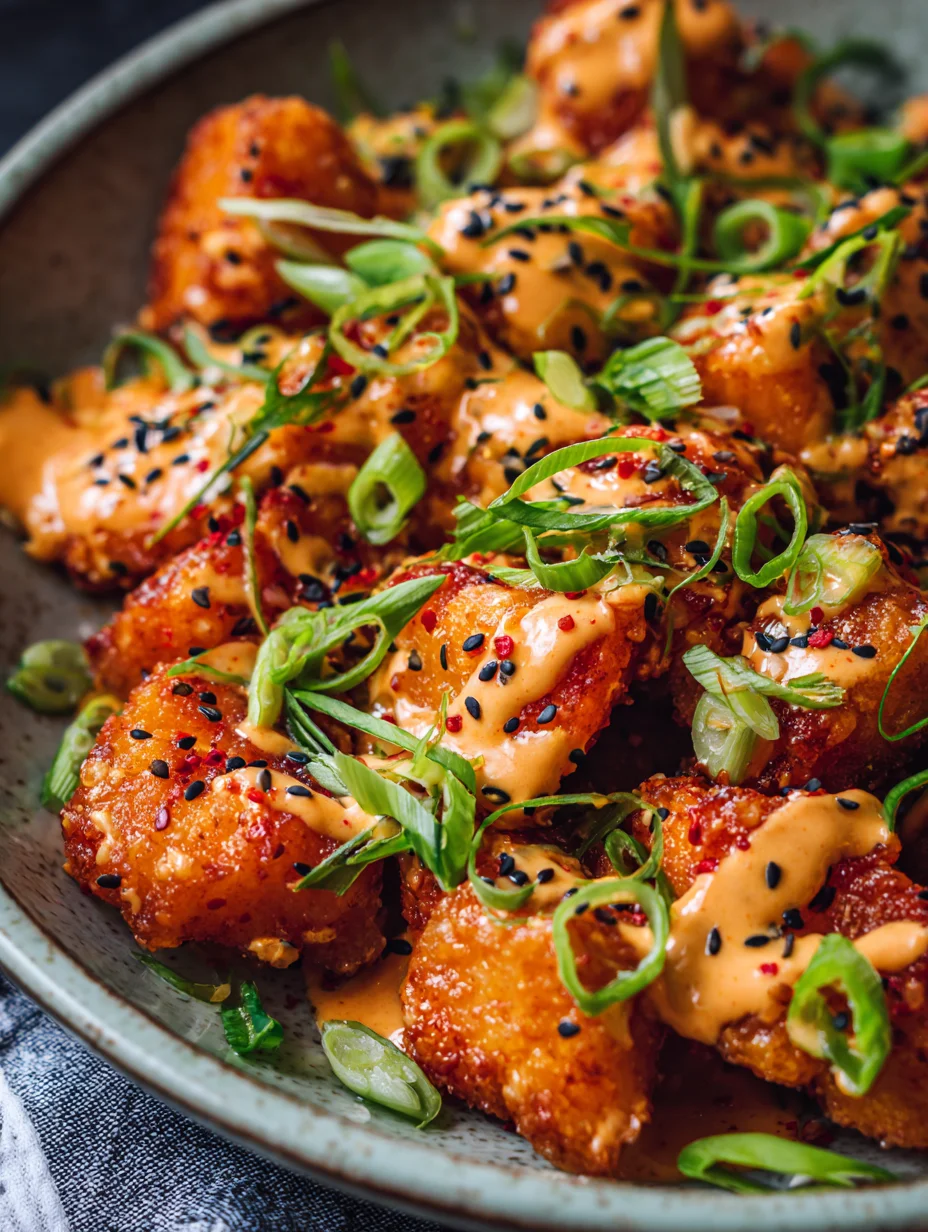 Bang bang salmon bites topped with spicy sauce, green onions, and sesame seeds