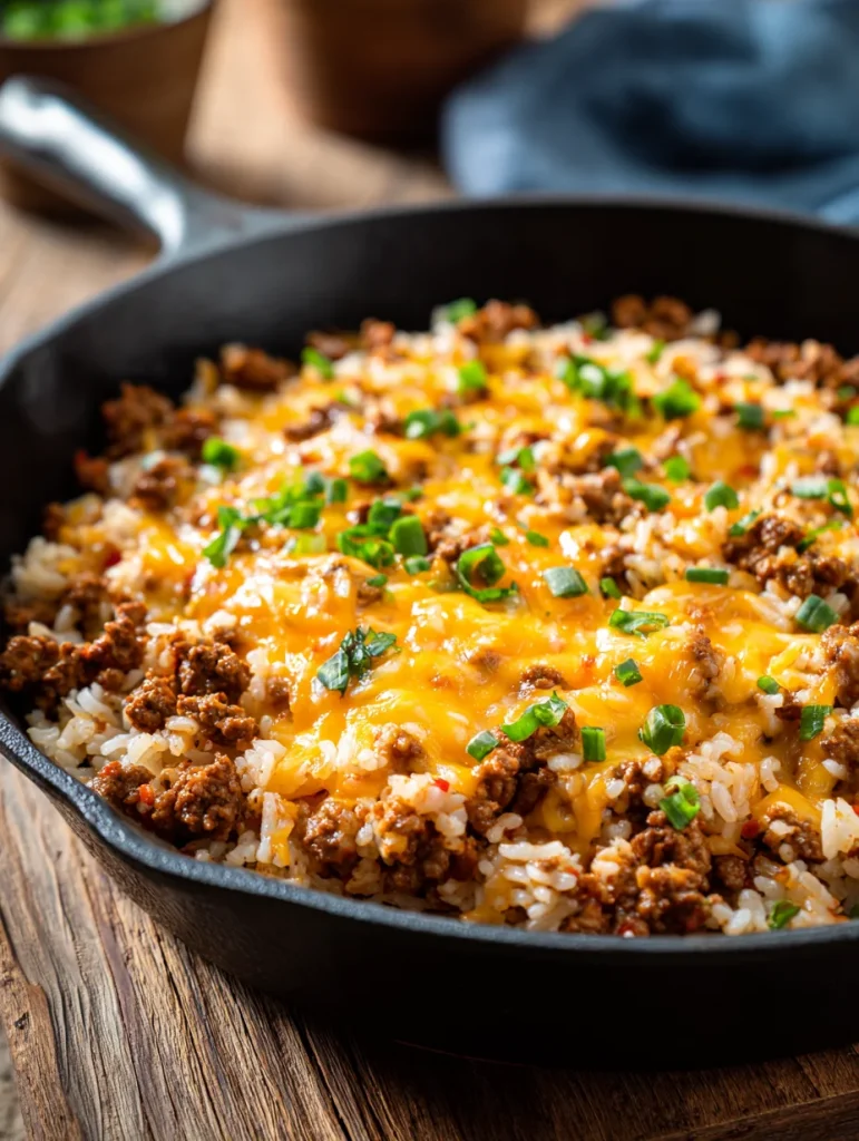 One-pan cheesy taco rice with ground beef and green onions